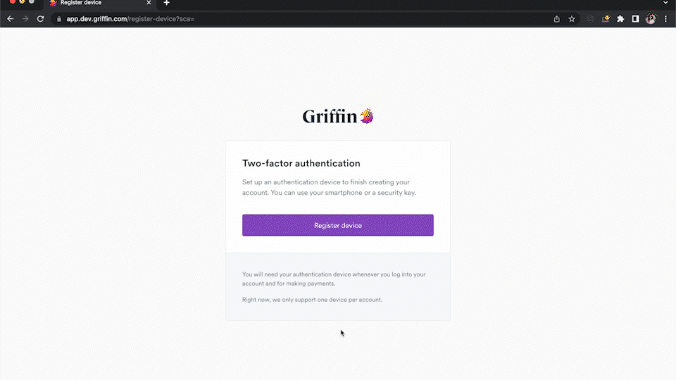 Clicking "Register device" brings up a pop-up from WebAuthn.