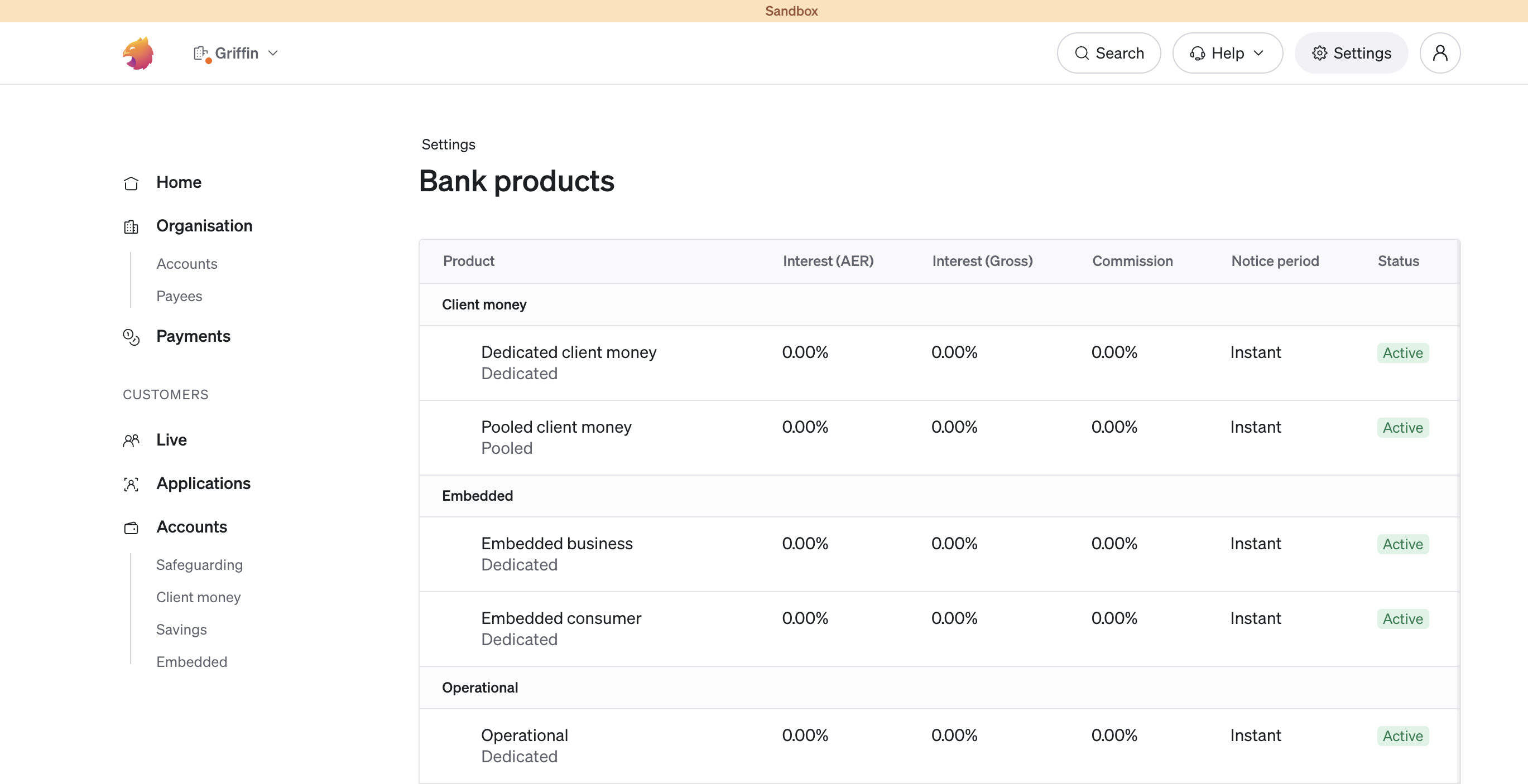 List of bank products in the Griffin customer app